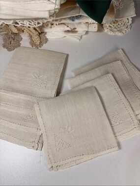 Embroidered Linen Cocktail Napkin in Light Cream